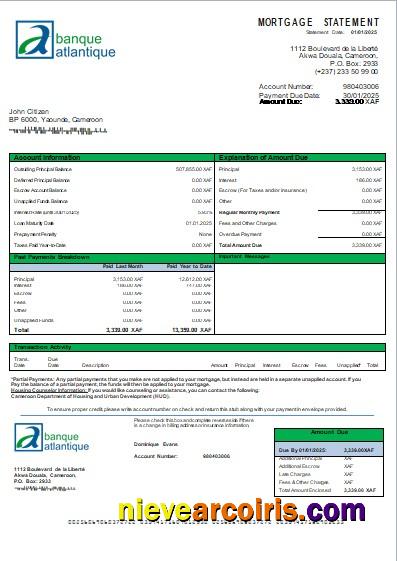 Cameroon Atlantic bank mortgage statement